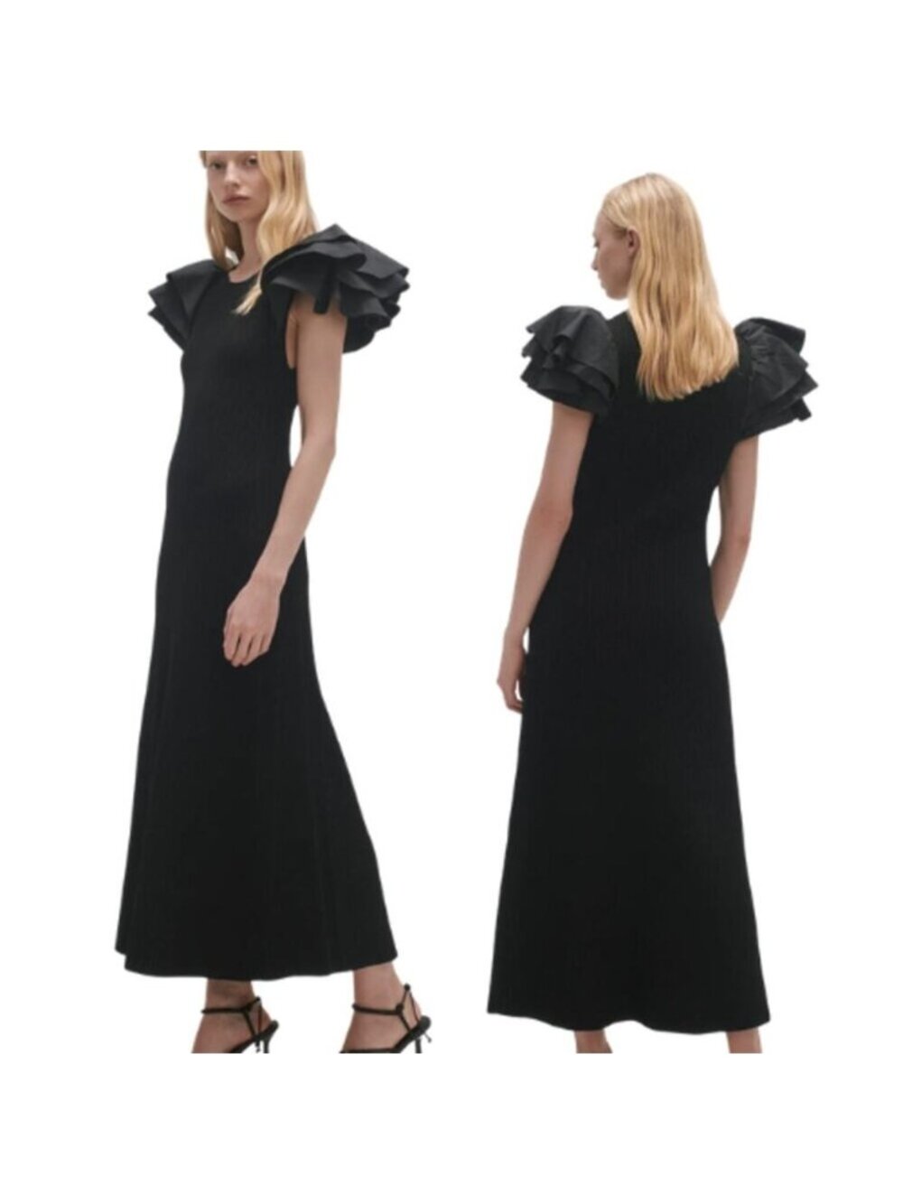 NEW Aje Questa Layered Ruffle Puff Sleeves Midi Dress Black Size: S